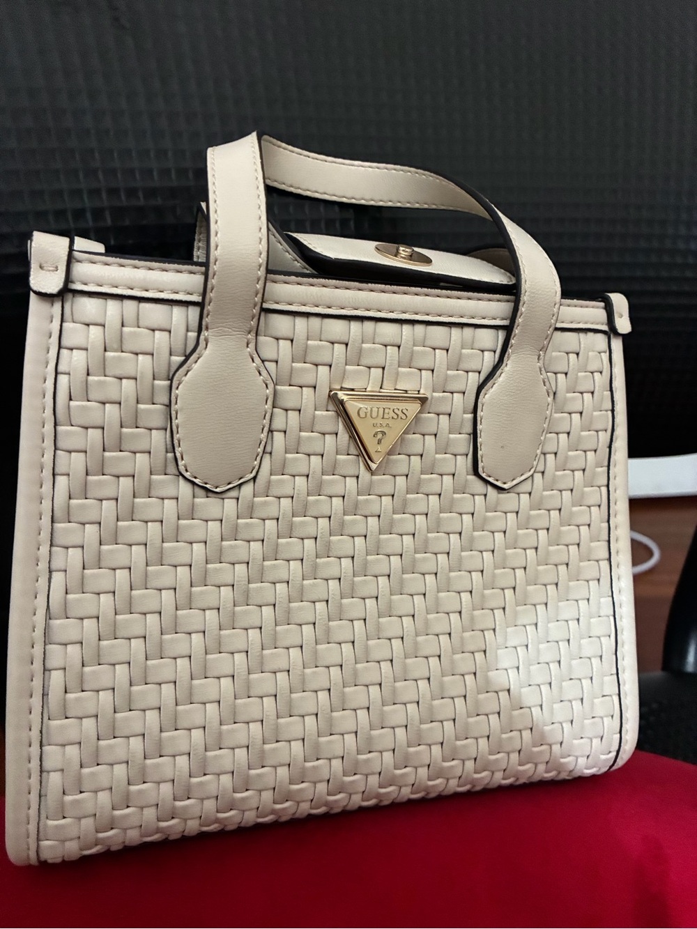 GUESS Cream Woven Satchel with Gold Logo